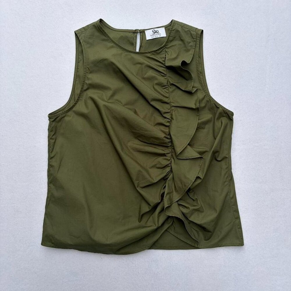 Plains and Prints Olive Green Ruffle Sleeveless Tank Top Blouse Size 6 Office